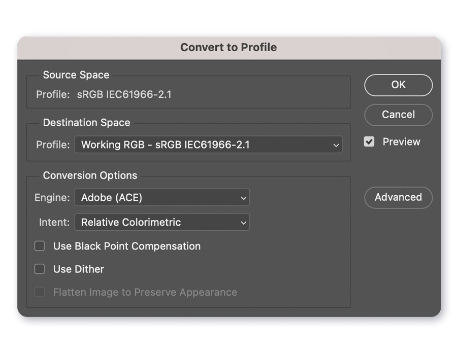 Convert colour profile in Photoshop